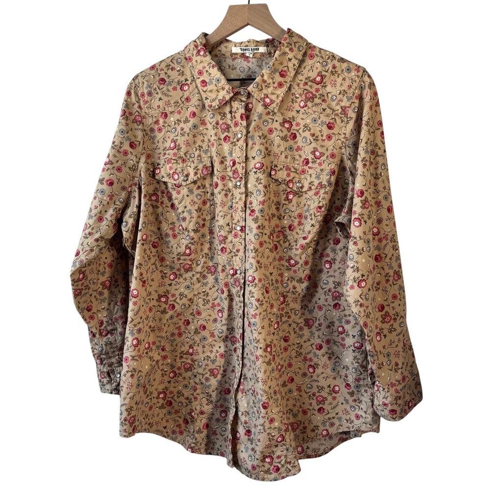 Daniel Rainn Womens Top‎ 1X Beige Floral Western Long Sleeve Pearl Snap Cowgirl